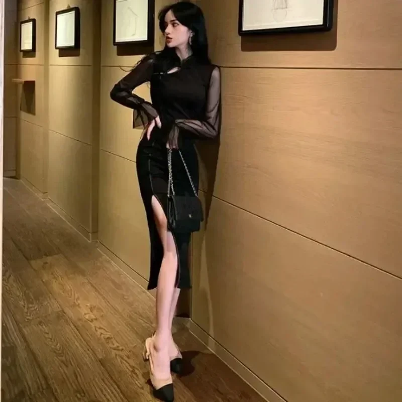 Abito elegante cinese nero per donna colletto alla coreana Vintage femminile Sexy a maniche lunghe con spacco alto Slim Qipao Classic Cheongsam