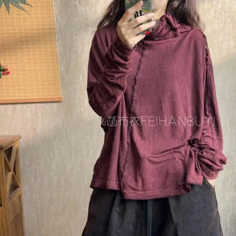 

Осенне-зимний стиль, женская свободная футболка с длинным рукавом, высокое качество, хлопок, винтажный дизайн на пуговицах, шарф, воротник, футболка, женские топы