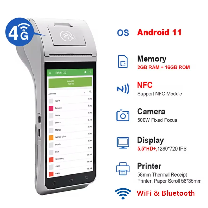 

POS Android 11 Portable Payment Terminal 5.5 "Touch Screen Charge Payment Cash Register Built in 58mm Thermal Receipt Printer