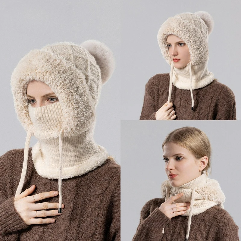 Cross-border winter fleece knitted beanie women's ear protection hat mask neck scarf integrated warm pullover hat