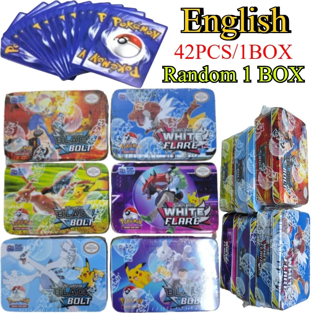 

English/Spanish 42PCS/set Iron Metal Box Pokemon Journey Together Battle Cards Pokemon Box with Pikachu Game festival gift