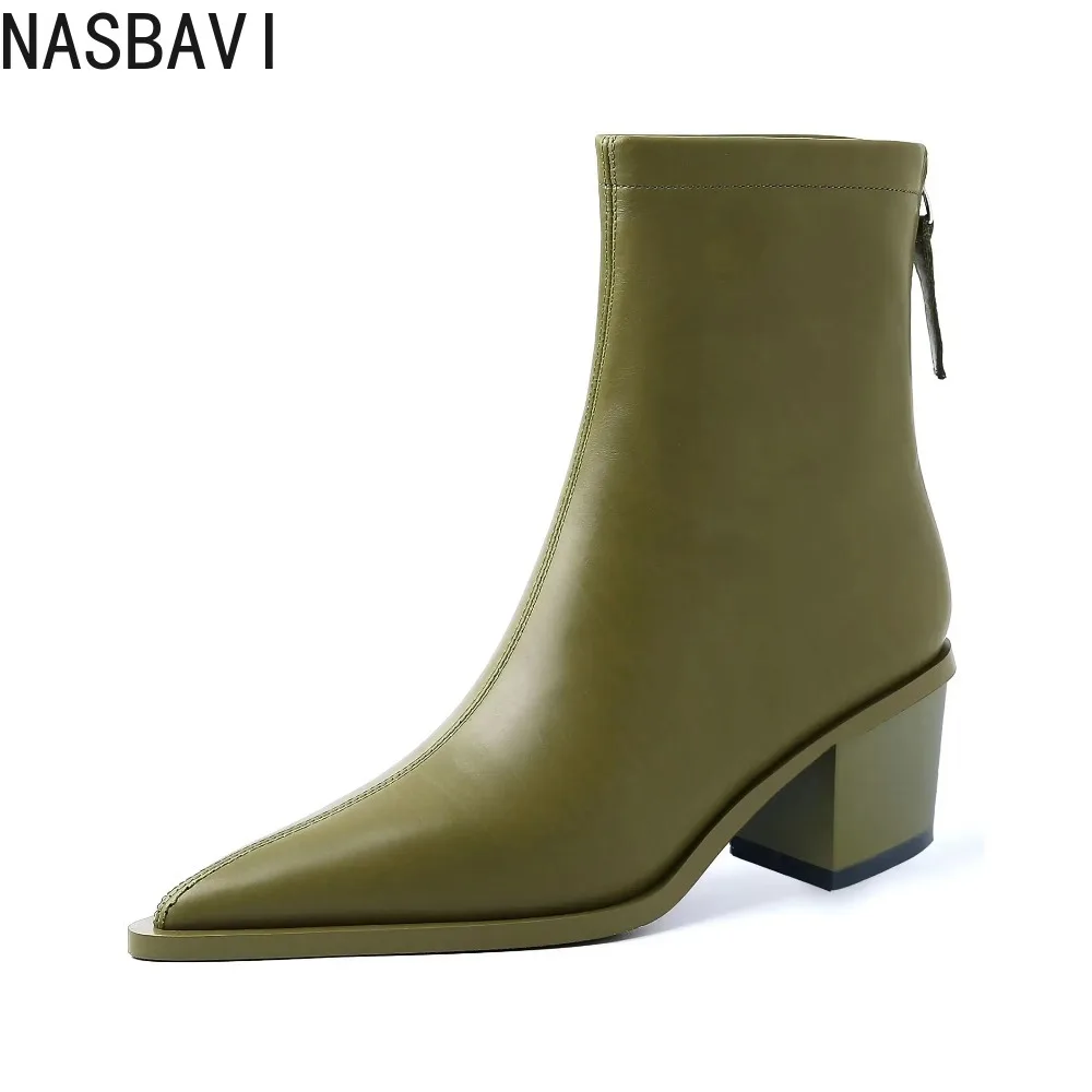 

NASBAVI Sexy Fashion Women Ankle Boots Genuine Leather Autumn Winter Boots Zipper Chunky Heel Pointed Toe Black Dress Shoes