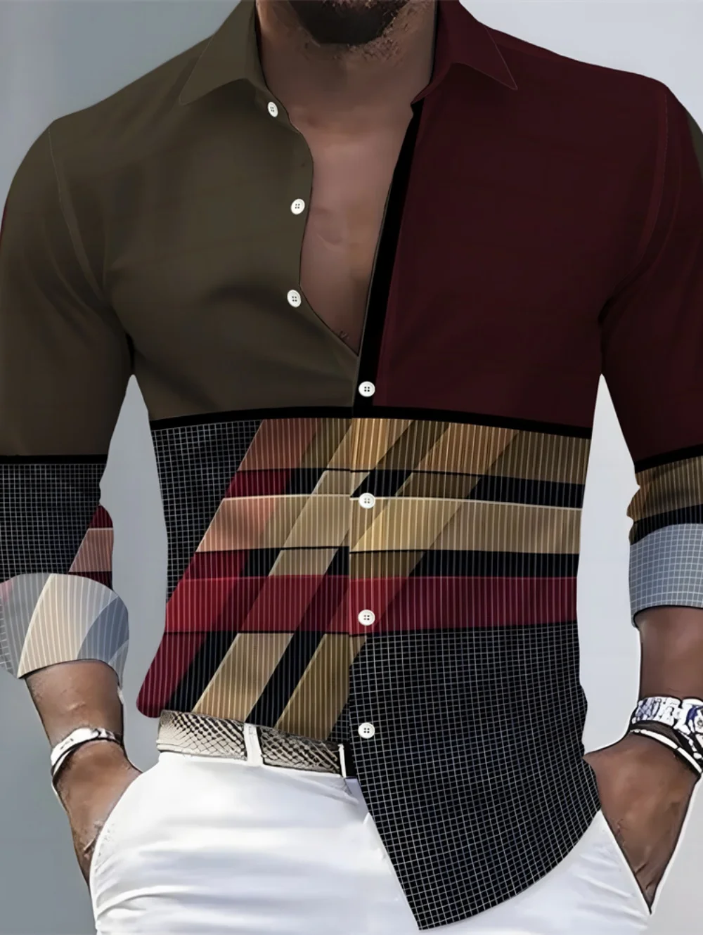 Men's 3D Printed Geometric Color-Blocked Spring Long-Sleeved Shirt Stylish New Casual Loose Shirt Outdoor Street Style Men's Top