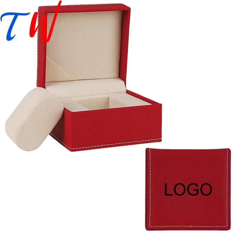 

White Stitching Surface Red Line Texture Plush White PU Leather Flip Watch Case Box Free Customization Logo Watch Box Organizer