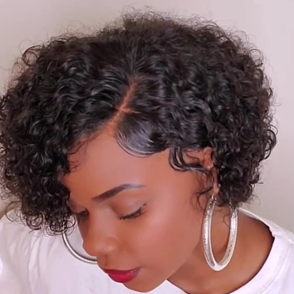 Deep Wave Curly Wave Pixie ตัดวิกผมผู้หญิง 13x1 T ลูกไม้ด้านหน้าวิกผมผมมนุษย์ผู้หญิง Pre - plucked Jerry Curl Human Hair