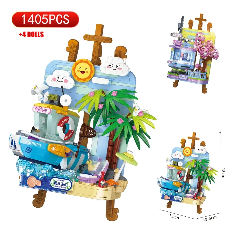 

Mini Sakura Cable Car Summer Fishing Boat Drawing Board Building Blocks City Street Building Model Toy Children's Holiday Gift