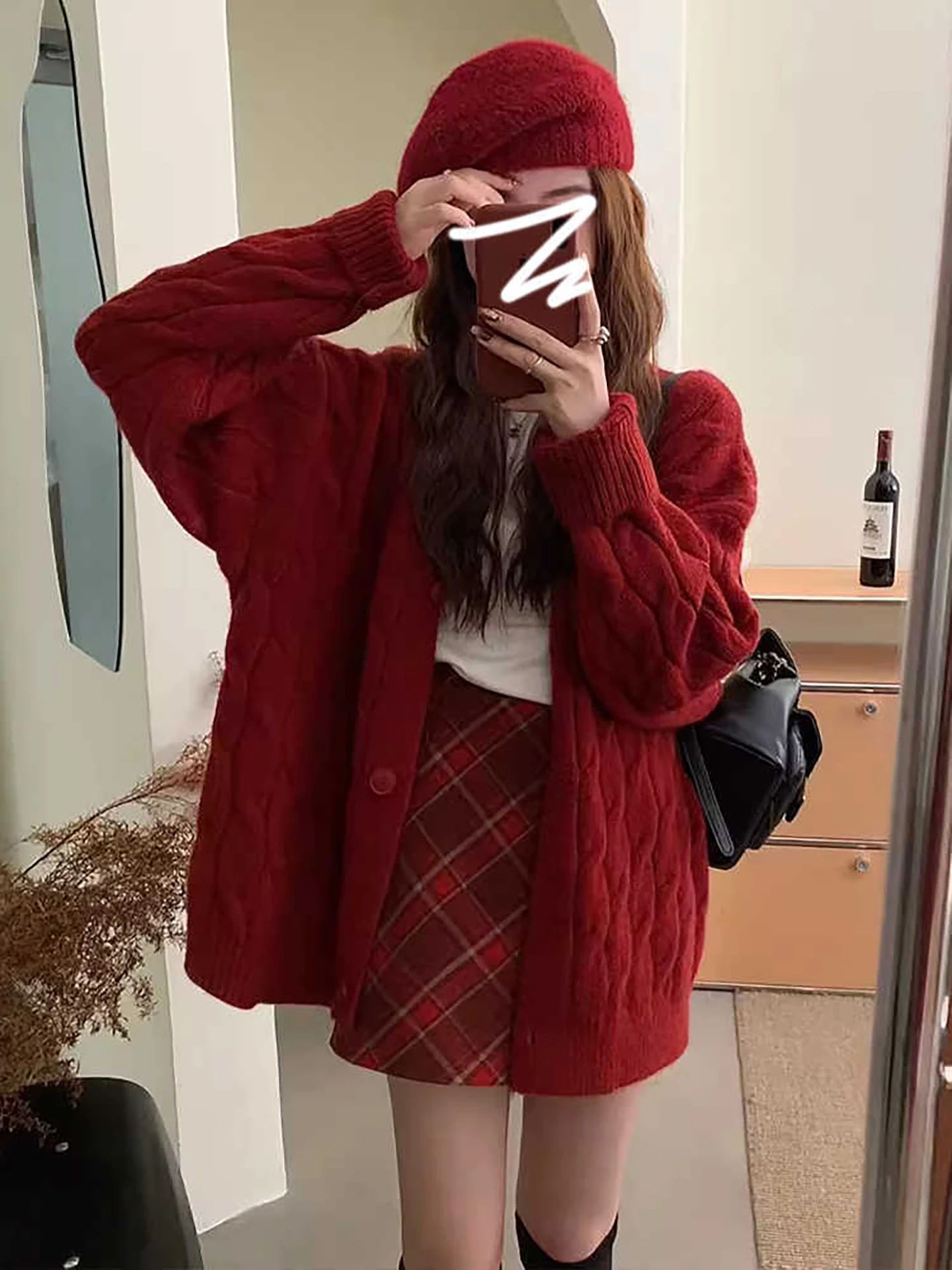 レディース Cisas レッド ニット オープン カーディガン セーター ルーズ アウター トップス ティーピース セット 秋冬新作 スレ レイジー ファイオン