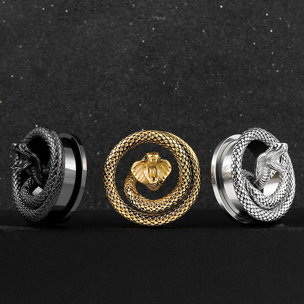 Giga 2Pcs Gothic Snake Ear Plugs Tunnels Gauges Expander Stainless Steel Screw Back Stretcher 8mm-25mm Body Piercing Jewelry