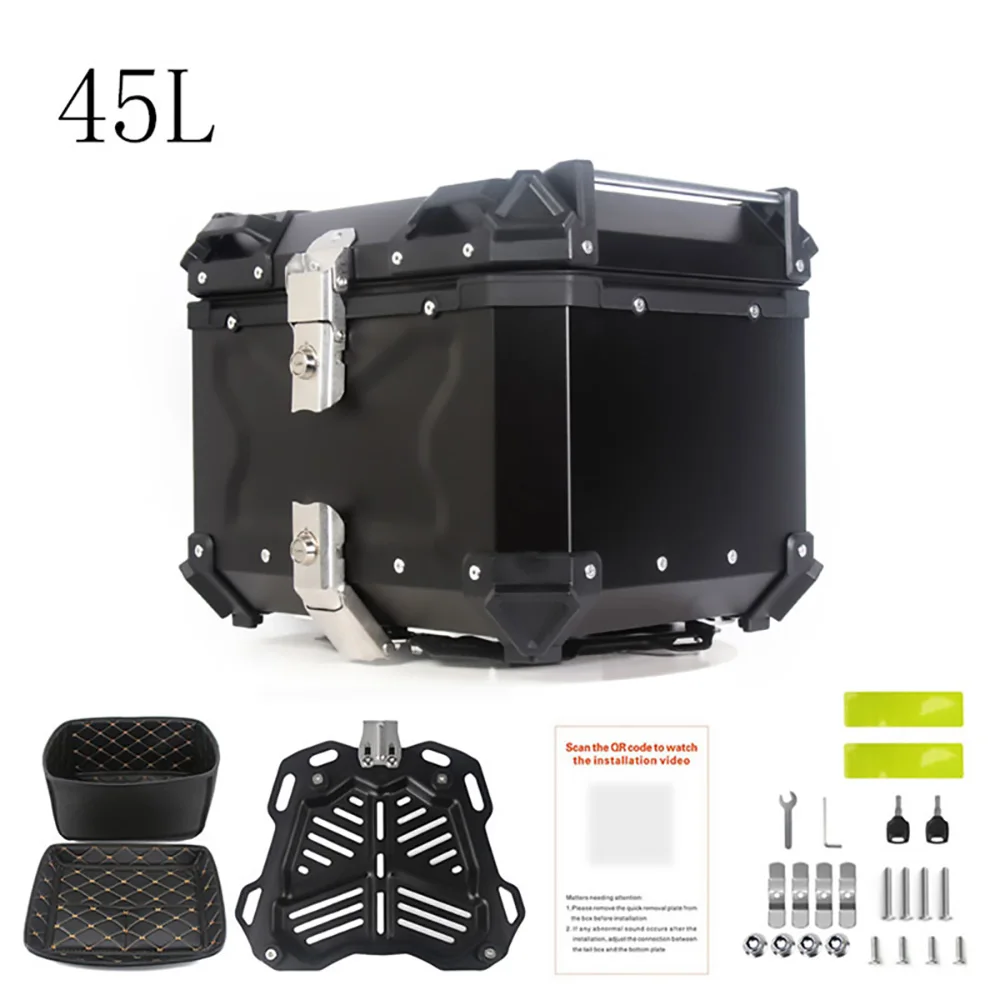 Bauletto superiore in alluminio da 45 litri per moto – impermeabile, resistente agli urti, con serratura antifurto, sistema di fissaggio rapido e vano porta casco, ideale per moto e scooter.