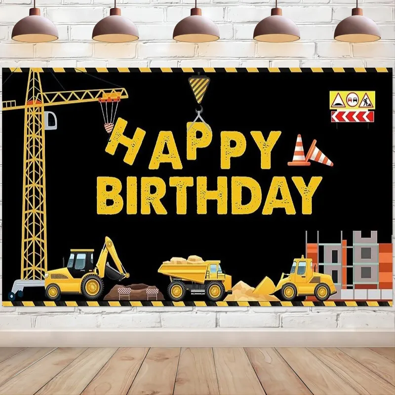 Construction Happy Birthday Backdrop Banner Dump Truck Excavator Crane Background Photo Booth Props for Boys Party Decoration