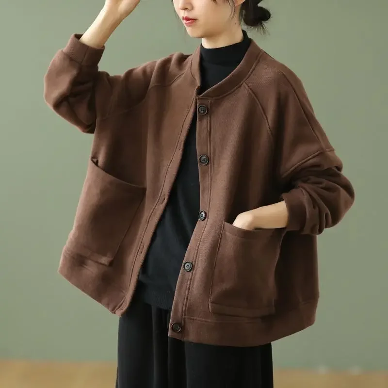 

Women's Loose Literary Long-sleeved Short Coat Autumn Winter New Stand Collar Solid Single-breasted Plus Velvet Thickened Top