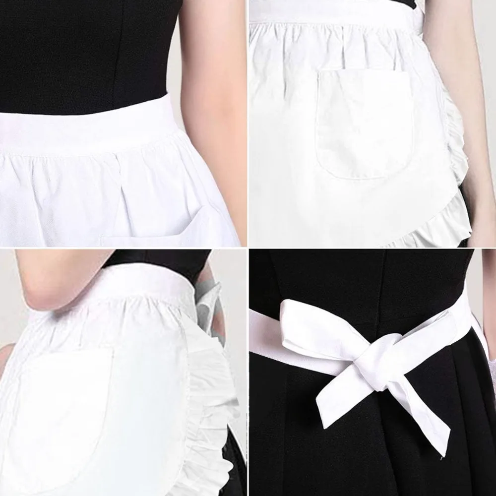 Art Studios European Style Maid Apron Dual Pockets with Ruffled Cooking Half Apron Anti Fouling Anti Oil Kitchen Apron Women