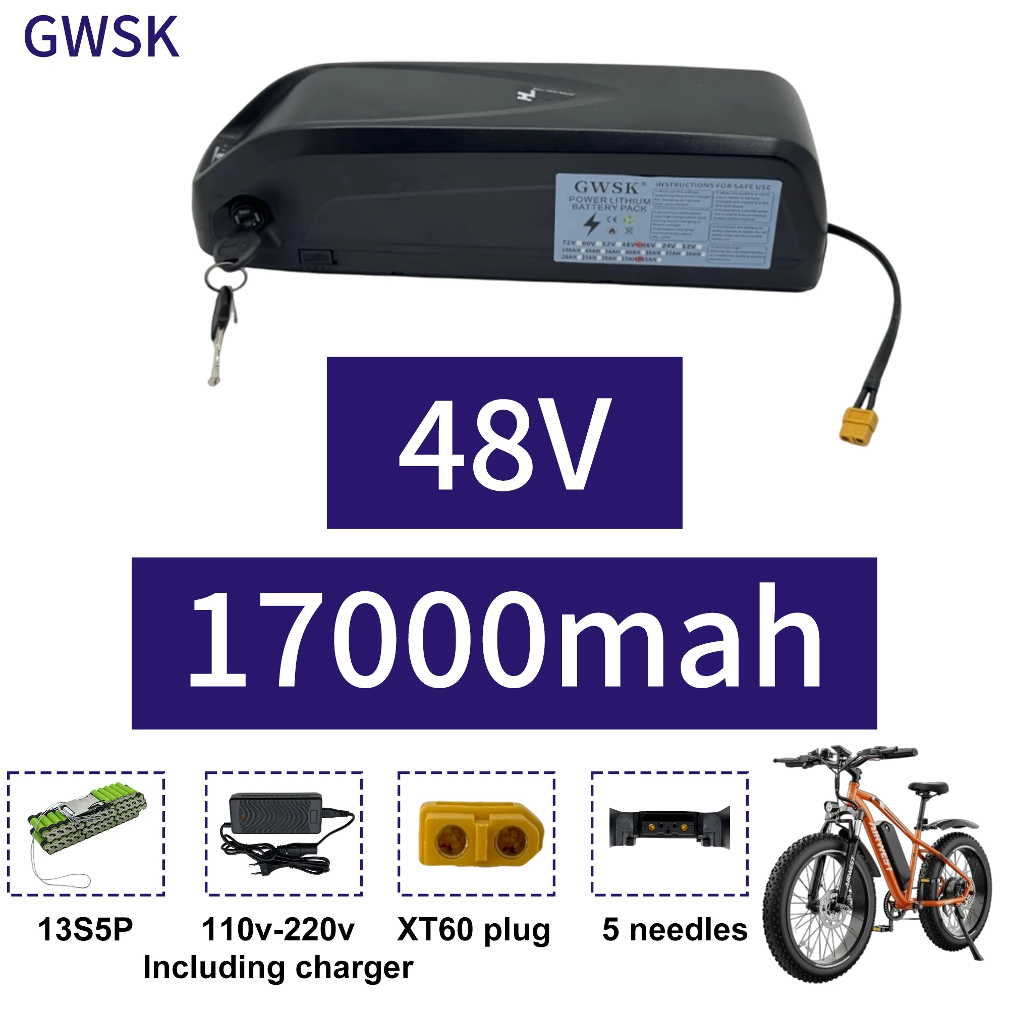 

3.Air transportation, new capacity 48V17AH Hailong 18650 lithium-ion battery, 5-pin discharge, system+charger application 2000W