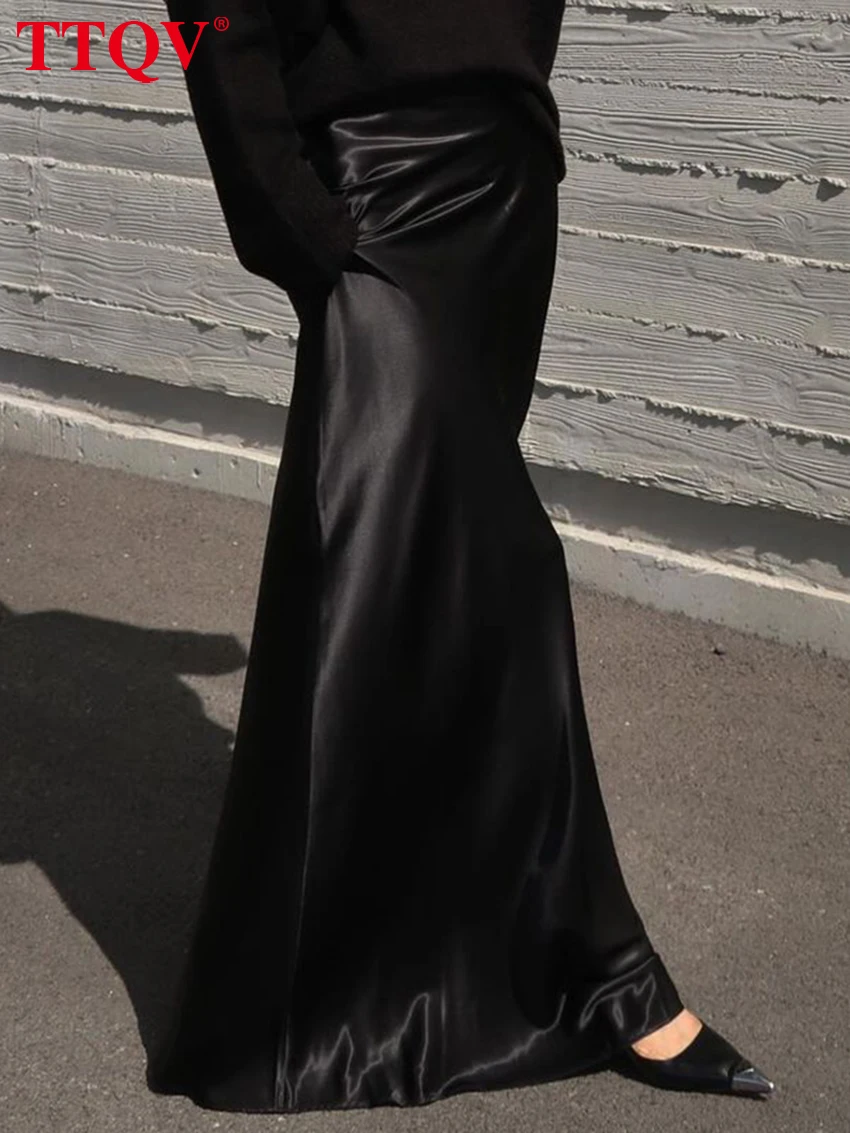 TTQV Fashion Loose Black Satin Women's Skirt 2025 Casual High Waist Maxi Skrit Elegant Classic Solid Skirt Female Clothing