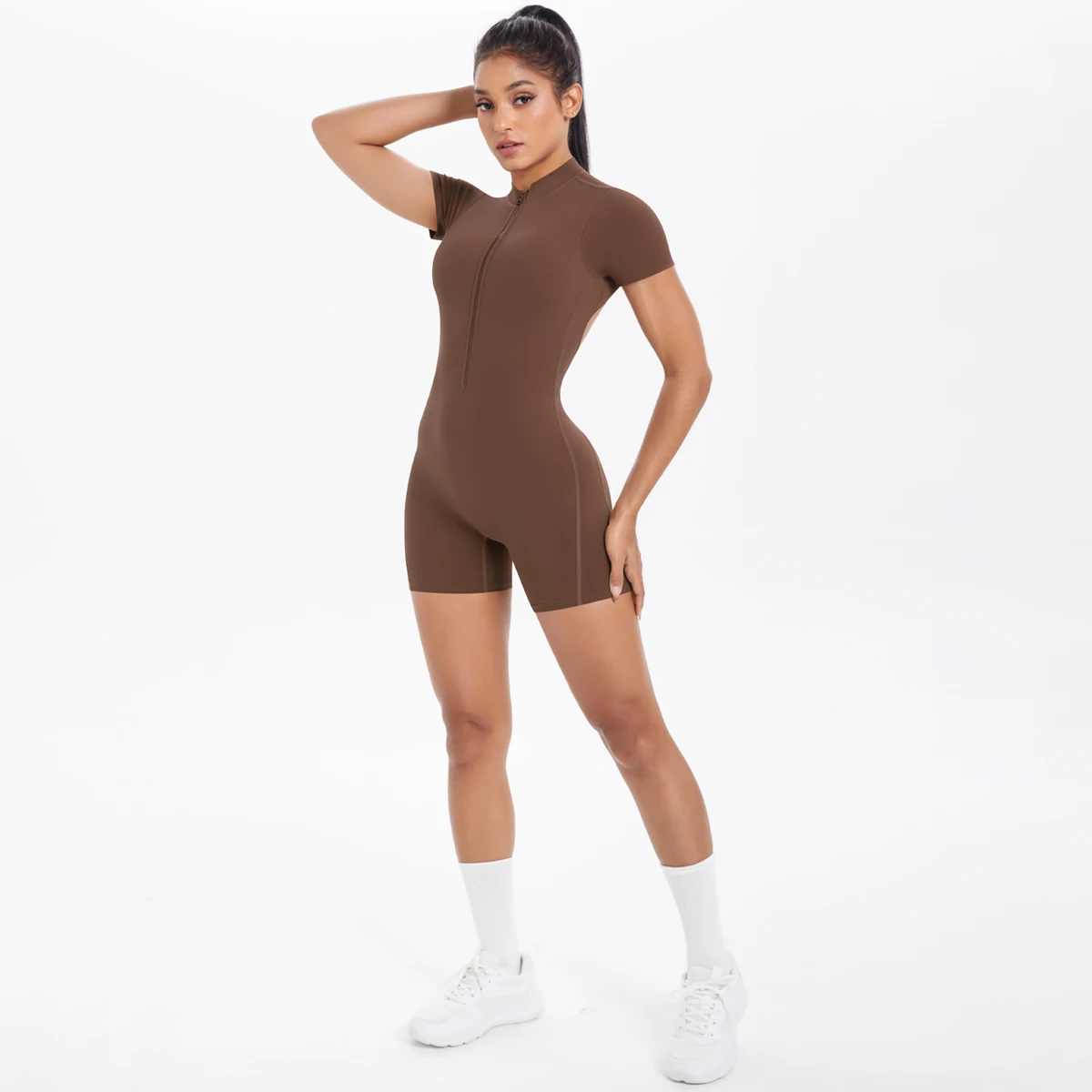 Ausgehöhlter, rückenfreier, kurzärmliger Reißverschluss-Overall für Damen, Overall, Yoga-Anzug, einteilige Legging, kurze Push-Up-Gymnastik-Yoga-Kleidung – Detail 20