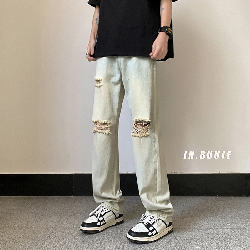 

Summer Thin Waed Yellow Clay Dyed Hole Denim Jeans Men's Straight American Retro Vibe High Street Trend Brand Jeans