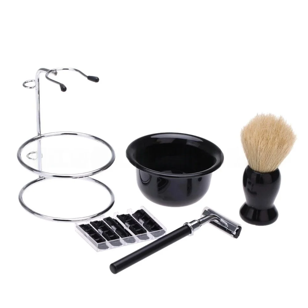 Safety Shaving Razor Brush Kit For Men , Includes Manual Razor + Stand Holder + Shaving Brush+ Shaving Bowl+5pcs Refill Blades