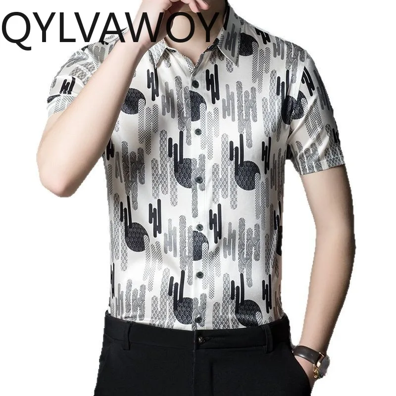 

QYLVAWOY Men's Shirts 90.8% Mulberry Silk Man Shirts 2025 Summer Tops Short Sleeve Clothes for Man Printed Lapel Business Casual