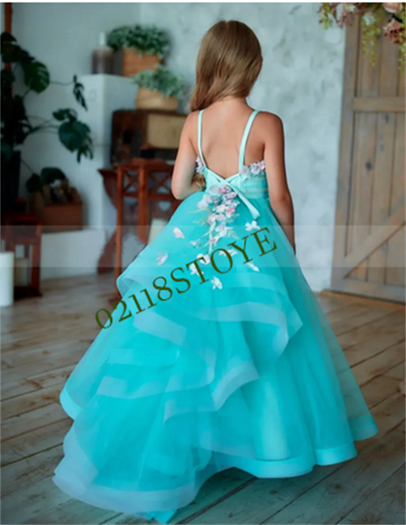 Turquoise Tulle 3D Flowers A-Line Flower Girl Dress for Wedding Backless Straps Kid Princess Pageant Gown Birthday Dress