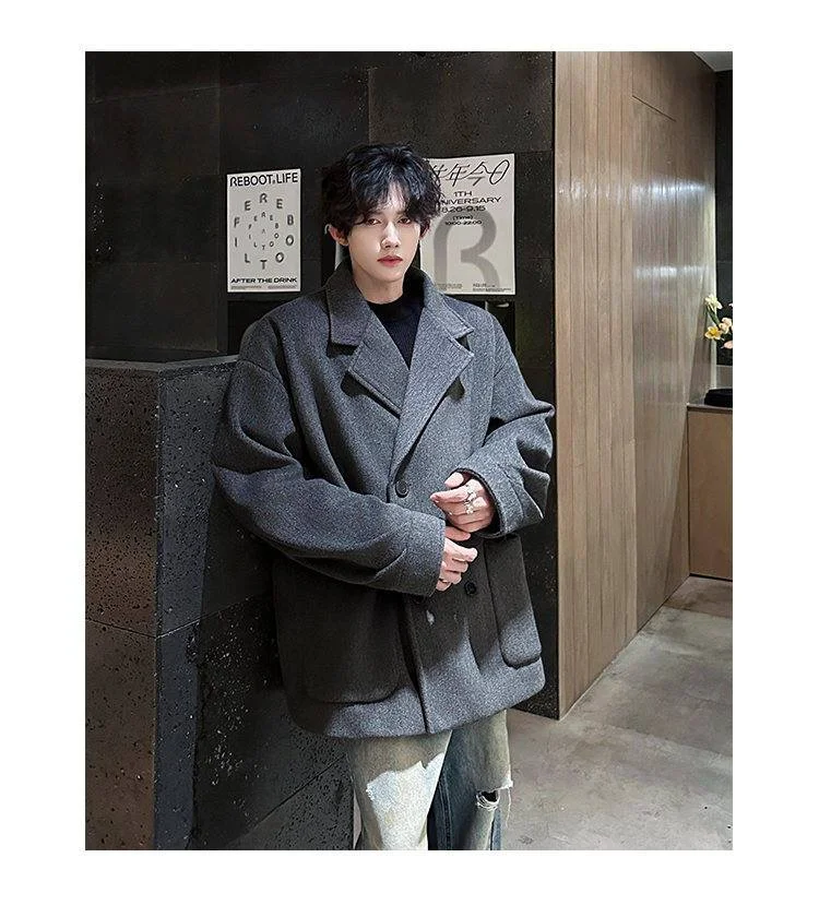 

Wool Blend Jacket Man Emo Mens Illusion Two-Pieces Mock Designed Layered Fashion Stylish Urban College Campus Casual Trendy Cool