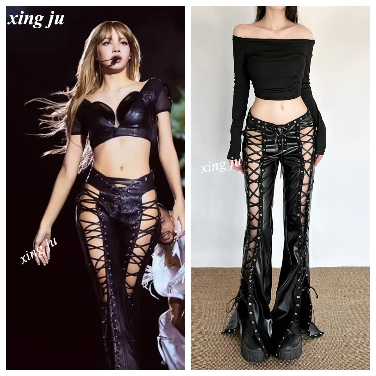 

Kpop певица, черные сексуальные открытые брюки на шнуровке, брюки из искусственной кожи, концертный сценический костюм, женская одежда для косплея, танцевальная одежда