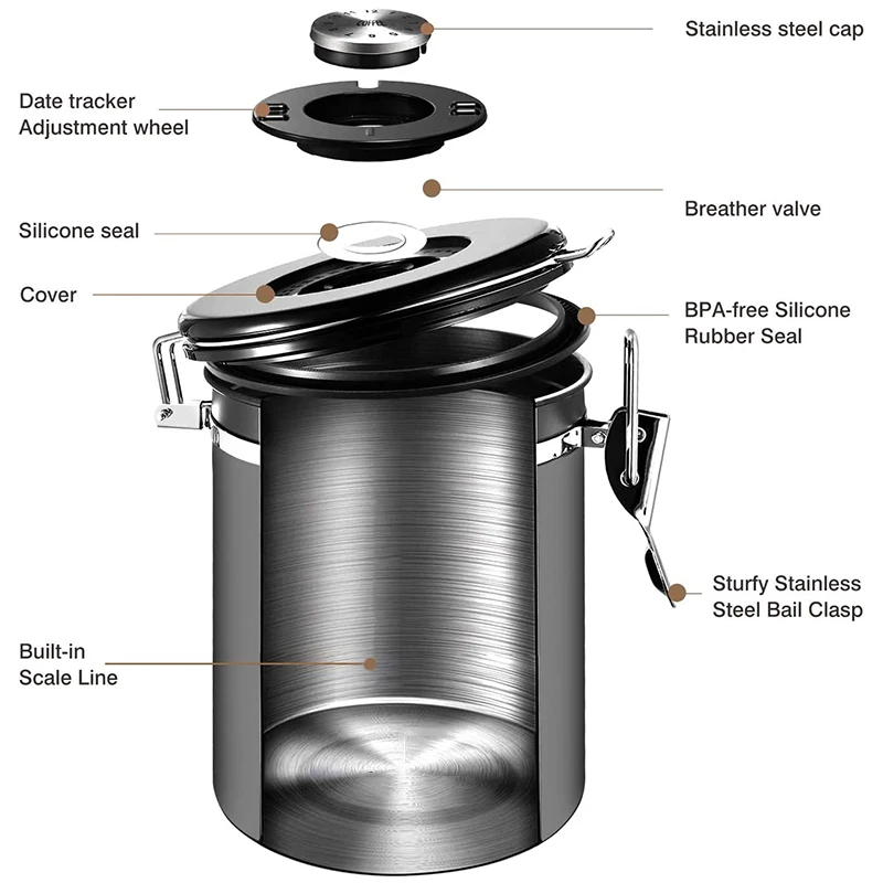 Coffee Canister,Food Storage Coffee Container,Airtight Fresher Beans and Grounds for Longer, Date Tracker