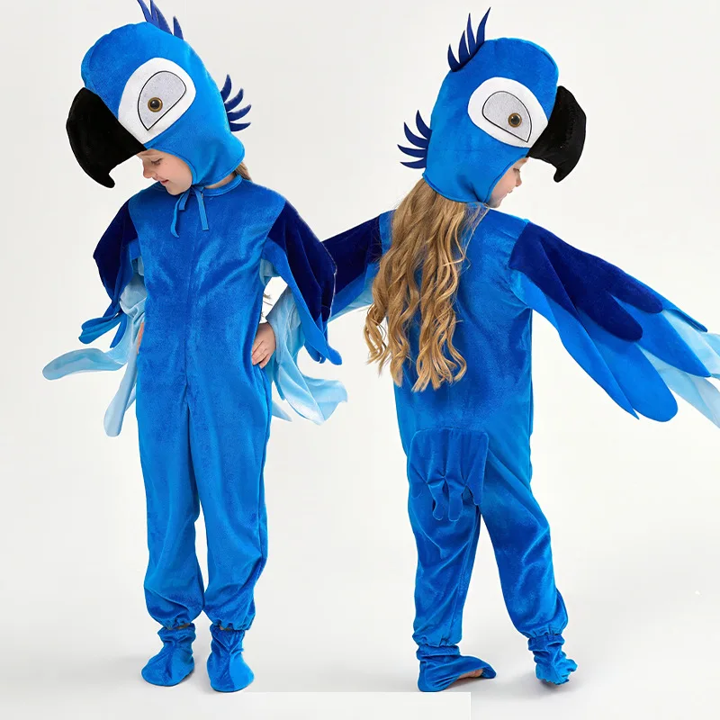 Kids Parrot Costume in Red & Blue, Velvet Animal Dress for Stage Performance - Image 4