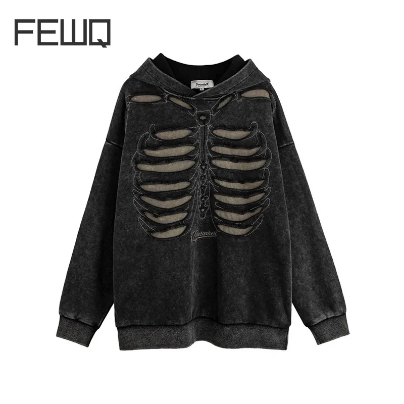 FEWQ Winter New Men's Hoodie Dark Style Cut Hollowed Out Skeleton Design Niche Trendy Washed Make Old Hole Men Pullover 24E5254