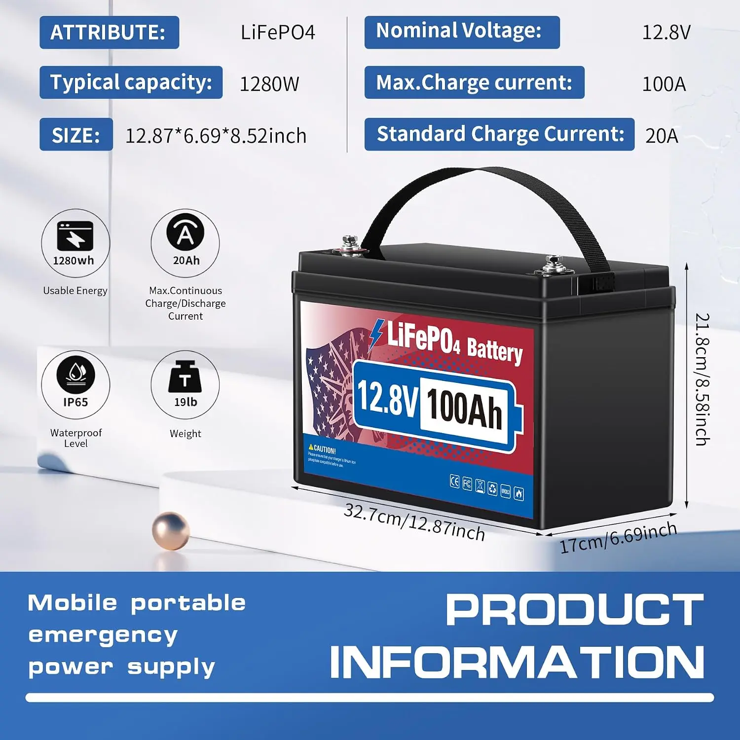 12V 100Ah LiFePO4 Battery, 15000+ Cycles, 10-Year Lifespan, Low Temp Protection, Built-in BMS, Solar Home RV Marine, Customized