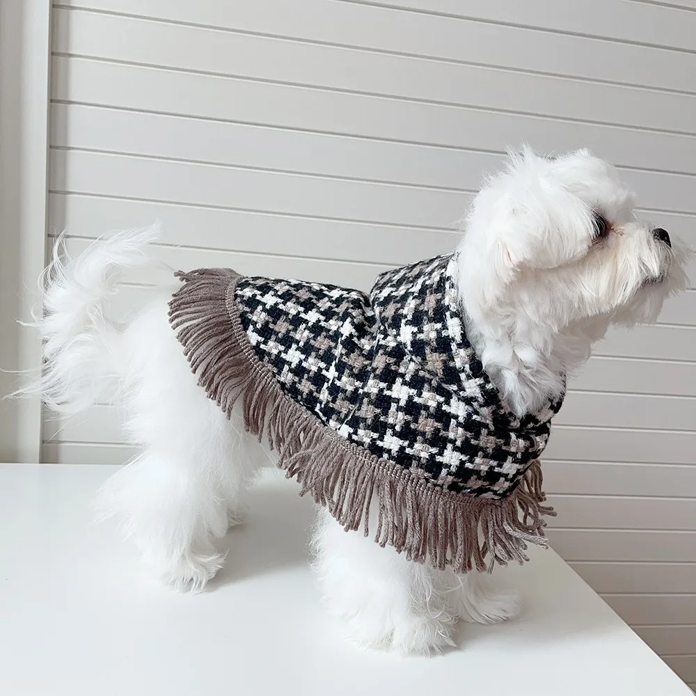 Dog Hooded Cape Plaid Woolen Jacket Dog Clothes Dogs Tassel Cape Pet Supplies Kitten Cape for Small Dogs Jacket Dog Coat