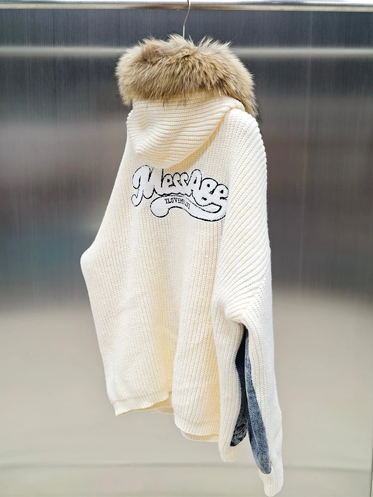 2025 Women Autumn Luxury Real Raccoon Fur Collar Hoodie Knitting Thick Denim Cloth Sweater Hooded Coat
