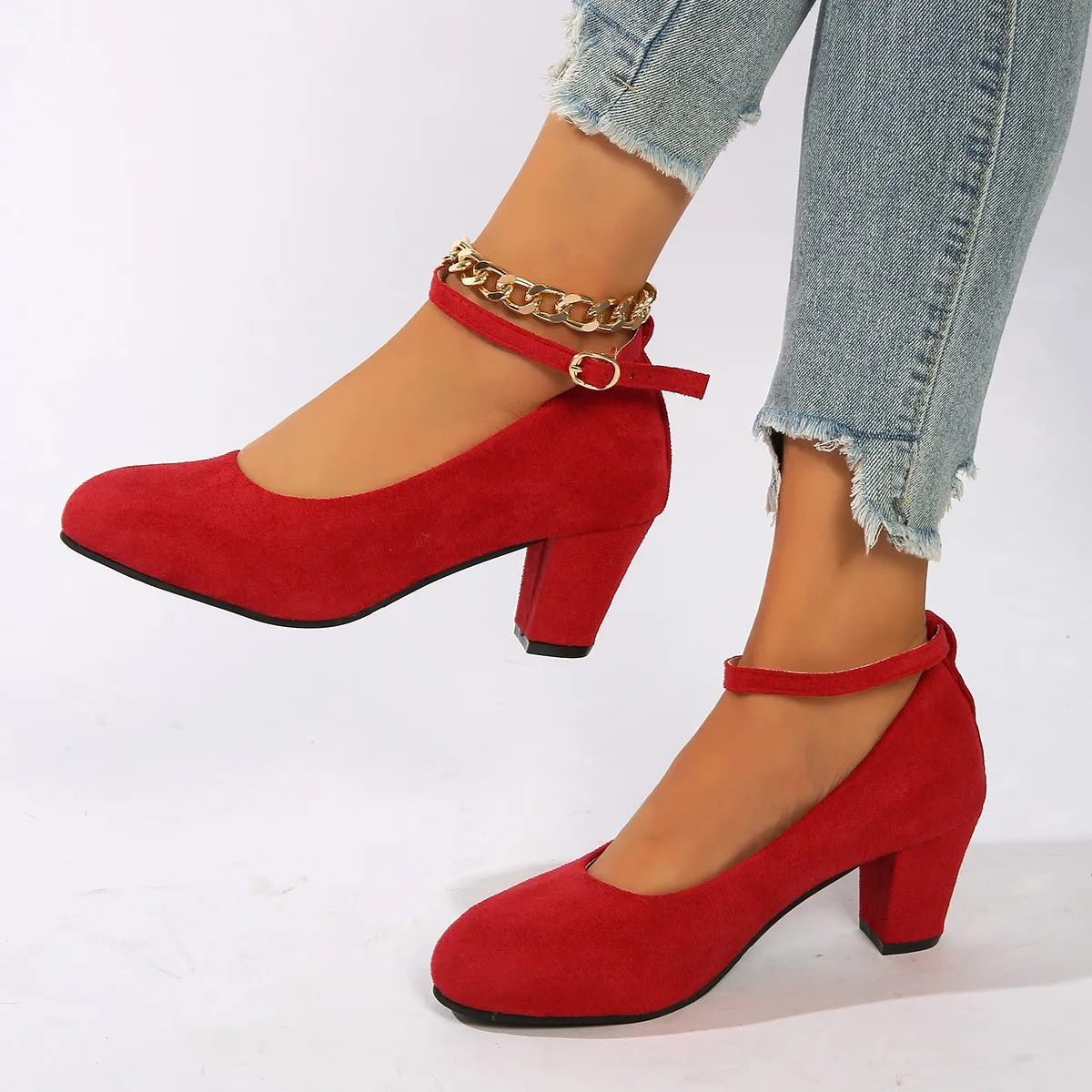 Zapatos de tacón clásicos de ocio para mujer, tacones cuadrados con correa y hebilla, punta cuadrada, zapatos de mujer con hebilla cuadrada, zapatos de verano de talla grande