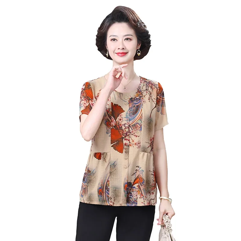 

Women Short Sleeve T-Shirt Round neck Flower Printing Female Clothing Summer Fashion Tees Vintage Loose Basic Casual Tops