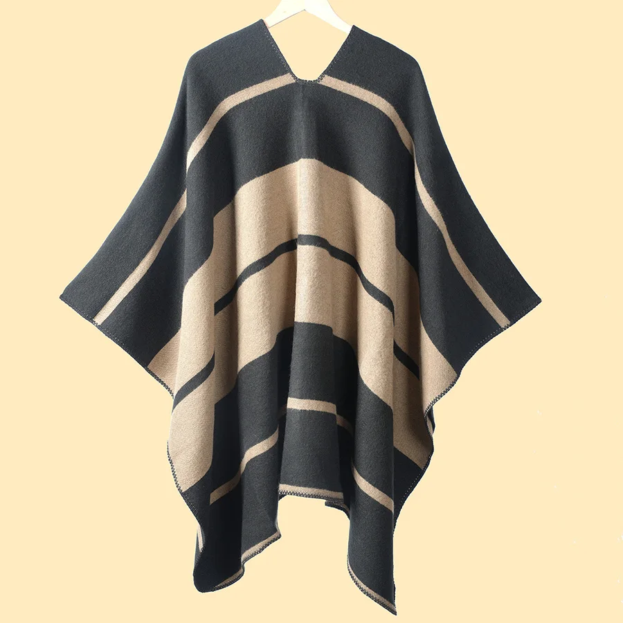 Fashion Color Blocks Big Stripes Faux Cashmere Cape Long Poncho Coat Unisex Spring Autumn Warm Wraps Cloak Winter Thick Shawl