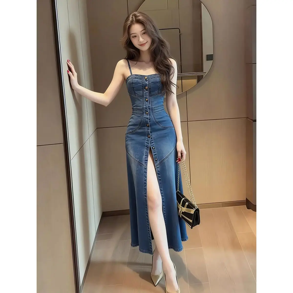 Summer New Fashionable Blue Single Button Slit Slim Fit Halter Neck Denim Dress Women Casual Style mid Waist Elastic Fabric