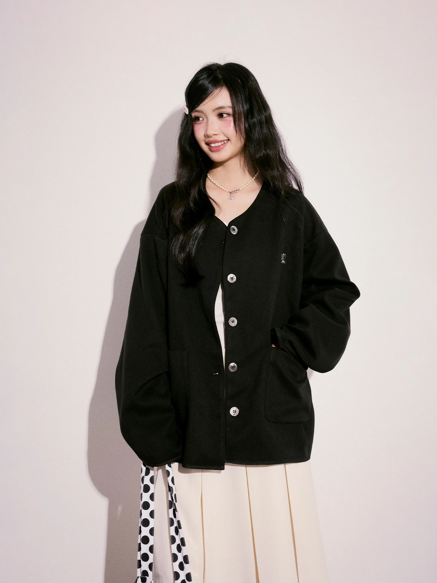 

Pure Color V-ne Woolen Coat Basic Sle Women's Autumn Jaet Cr Kitten Commute Sle Loose Fit Long Sve Button up