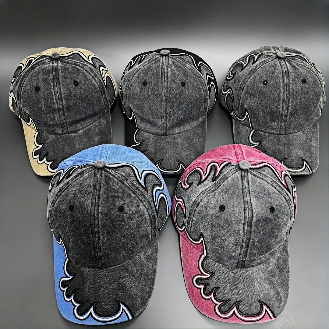 Vintage Washed Flame Embroidered Baseball Cap Unisex Adjustable Snapback Hat Hip Hop Streetwear Retro Distressed Sun Cap