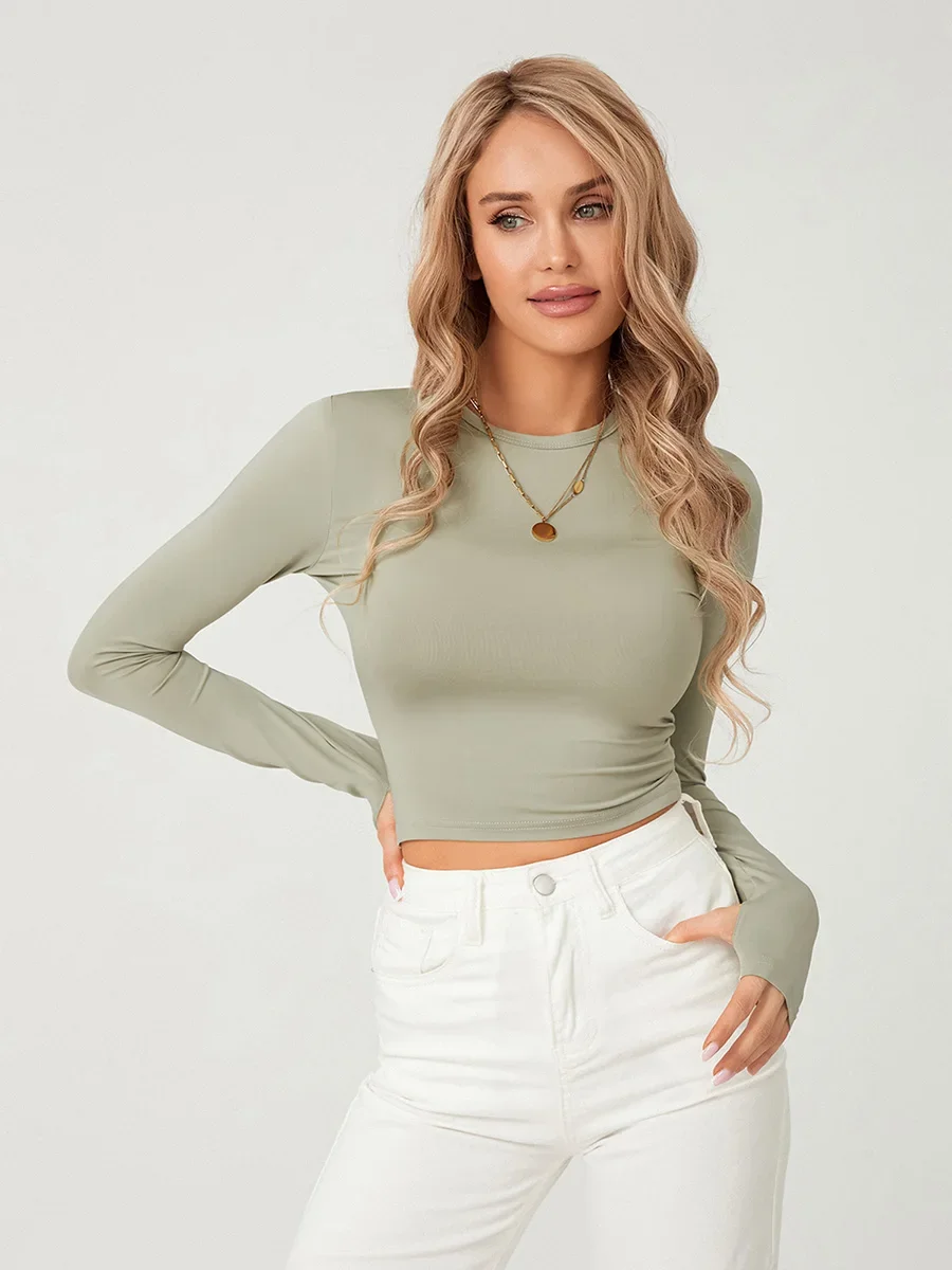 Women Long Sleeve T-shirt Fashion Crew Neck Solid Color Slim Fit Basic Crop Top with Thumb Holes E-Girl Yoga Work out Blouse