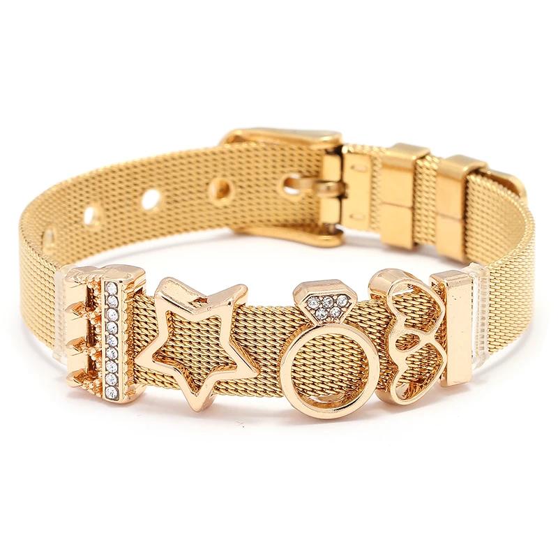 New Arrived Adjustable Stainless Steel Mesh Bracelet Shiny Crystal Bead Charms Fine Bracelet European Woman Watch Accessories