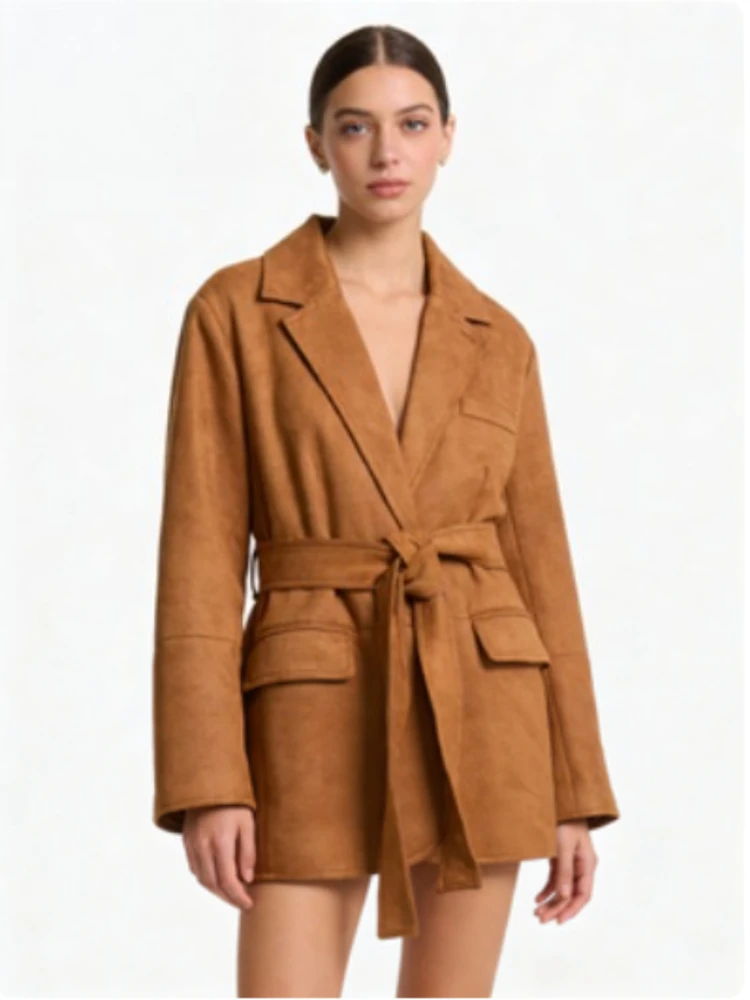 

Women's new fashion temperament versatile with belt suede suit women's jacket