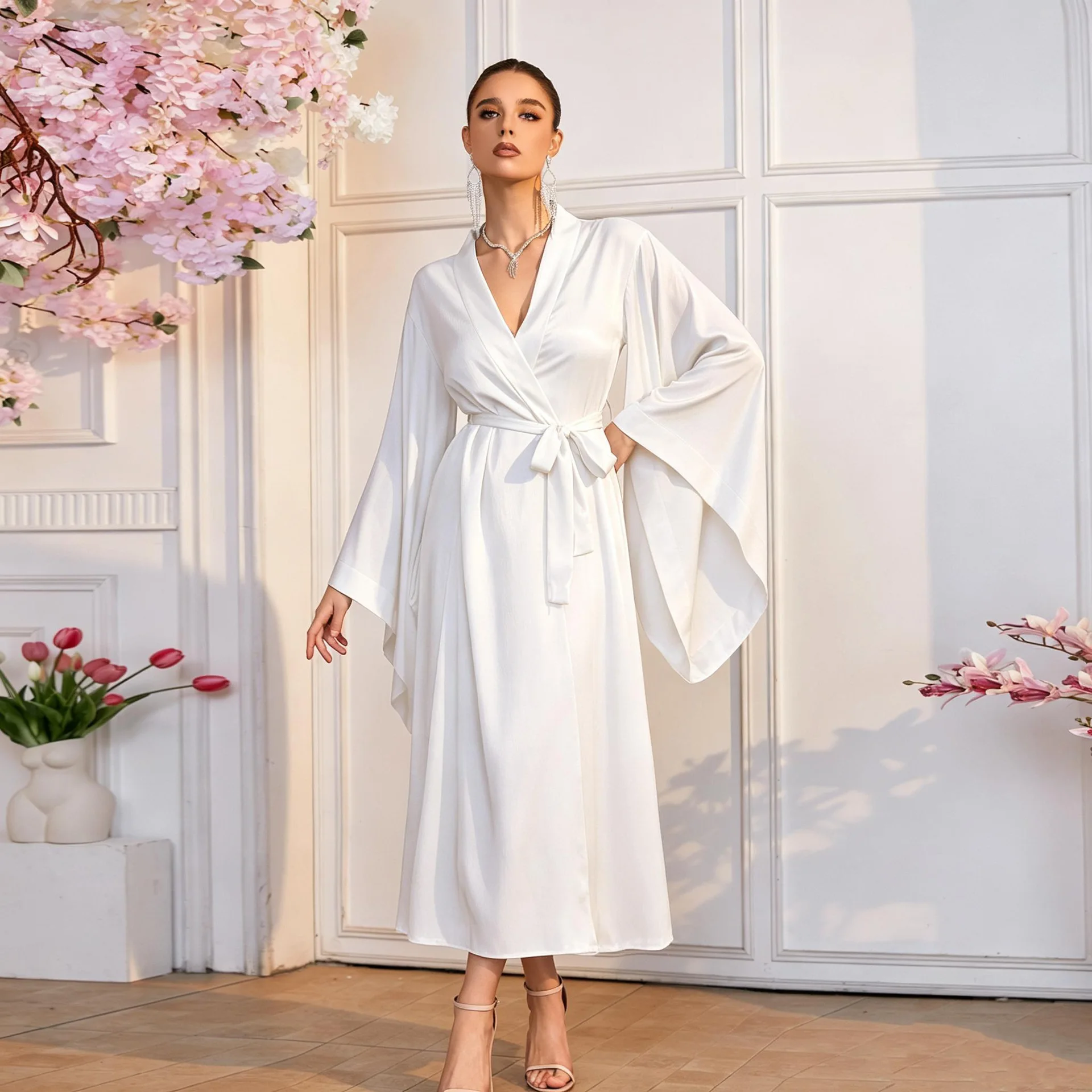 Women's Satin Kimono Robe Full Length Silky Bath Robe Summer Long Sleeve Nightgown Sleepwear Wedding Bridesmaid Pajama Outfit