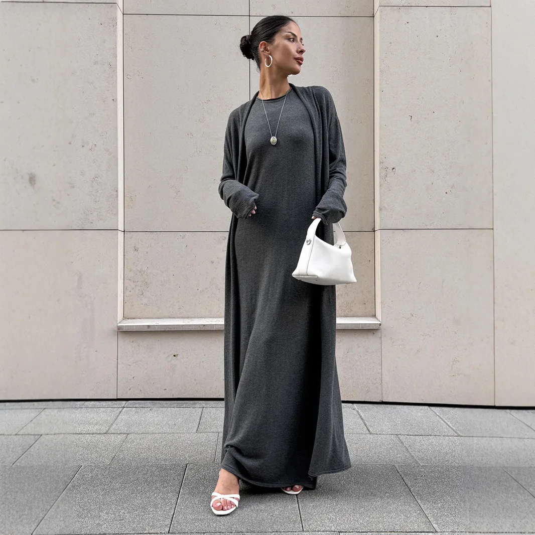 DSMTRC Knit Cover Up Cardigan+Dress 2Pcs Sets Women 2025 Autumn Winter Solid Loose Knitwear Dresses Street Casual Cardigan Suits