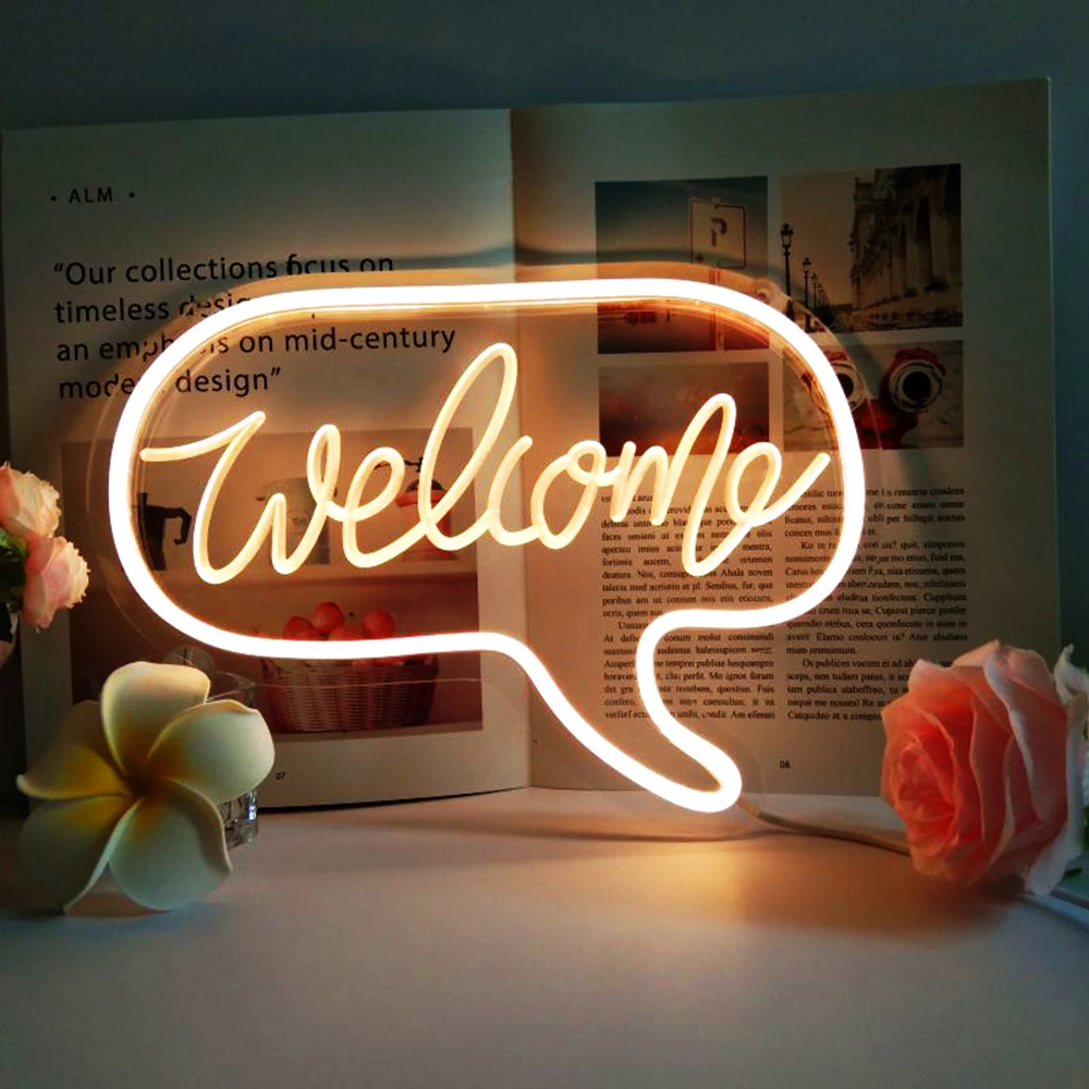 

LED Neon Sign Welcome Warm White USB Powered with Dimmer 12.2X8.85in Business Shop Hanging Decor Neon LED Lights Lamp Signs Bulk