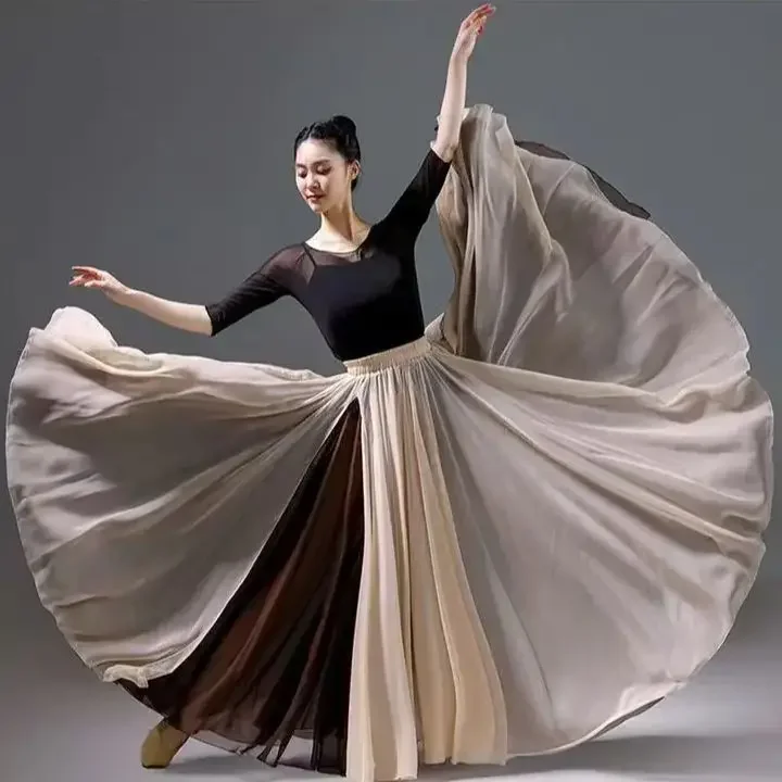 Women Classical Modern Dance Training Skirt Elegant Ethnic Double Chiffon Performance Swing Skirt Wrap Ethereal 720 Degree Skirt