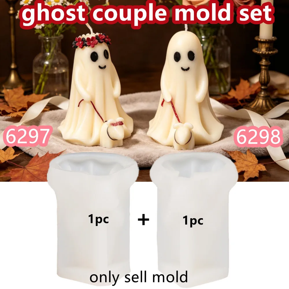 Halloween Ghost Bride & Groom Candle Mold with Couple Ghost Walking Dog Statue Detail Mold DIY Candle,Soap Making Craft Lovers view 2