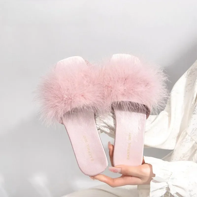 

Fluffy Turkey Feather Sandals Women Summer Flat Flip Flops Comfortable Outdoor Slides Fashionable Slippers