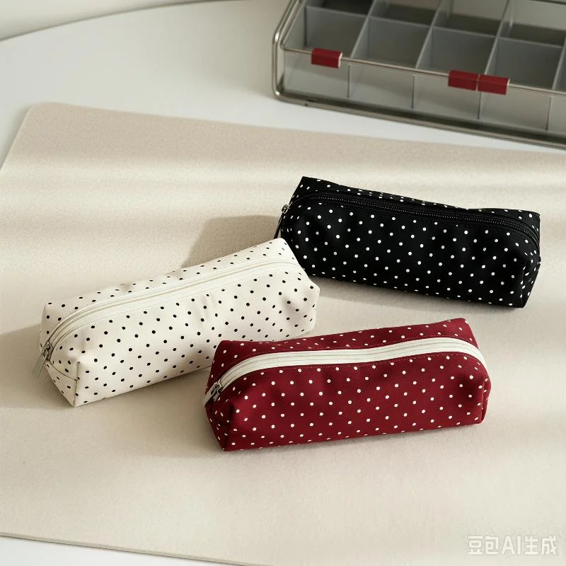 Canvas Polka Dot Pencil Case Smooth Zipper Large Storage For School Students Office Use