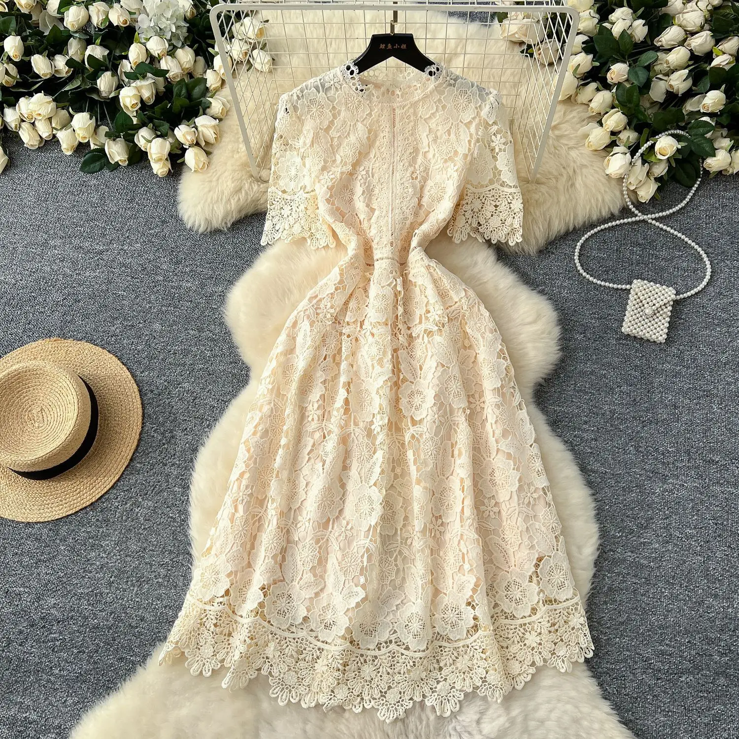 

Long Dress Women Gown Dresses A Line Lace Vestidos Streetwear Round Neck Short Sleeve Elegant Splice Y2k High Waist Slim Fit