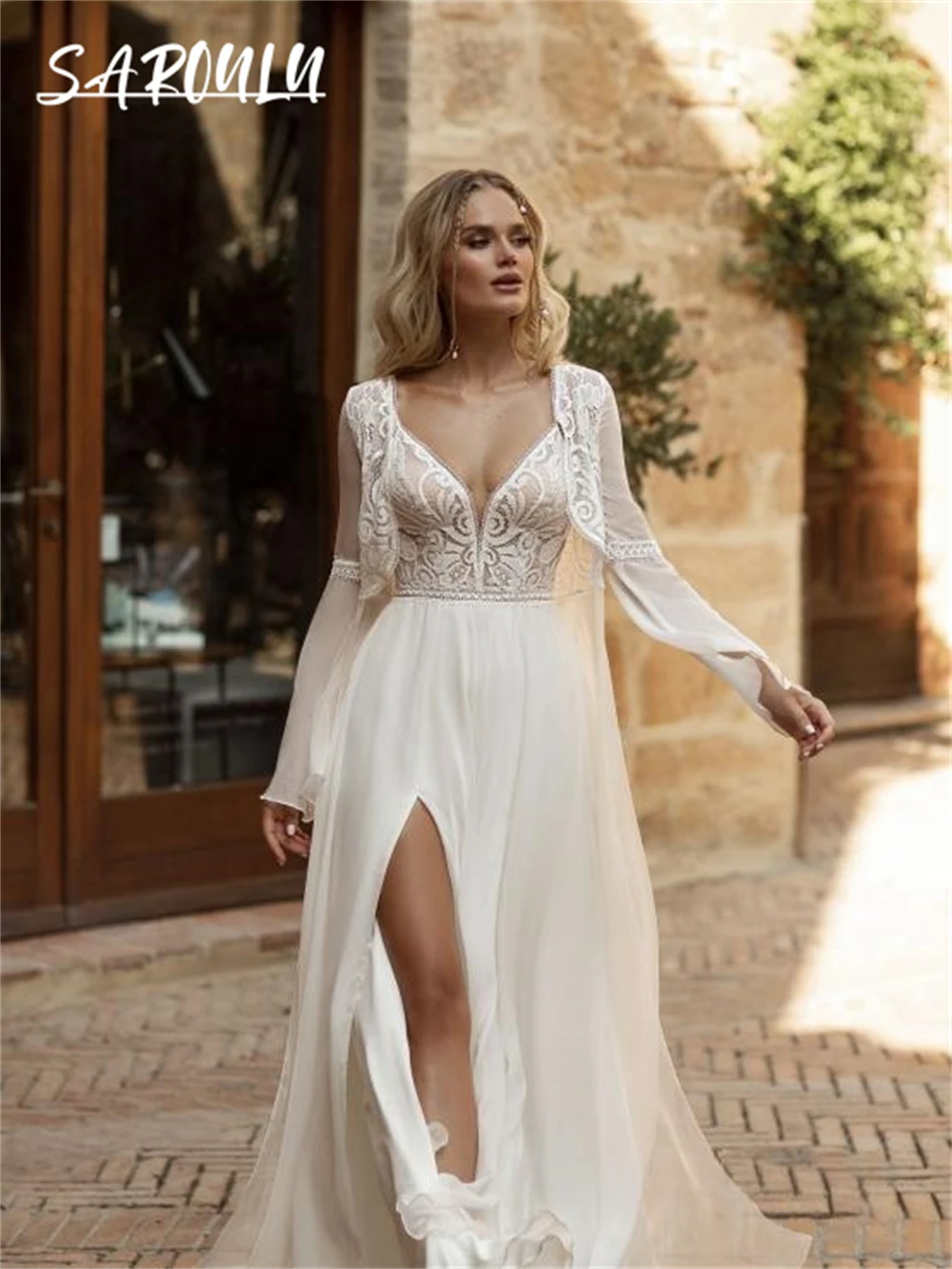 With Jacket Lace Chiffon Long Bride Dresses Spaghetti Straps A Line Boho Wedding Dresses For Women 2024 Custom Made Robe De Mari