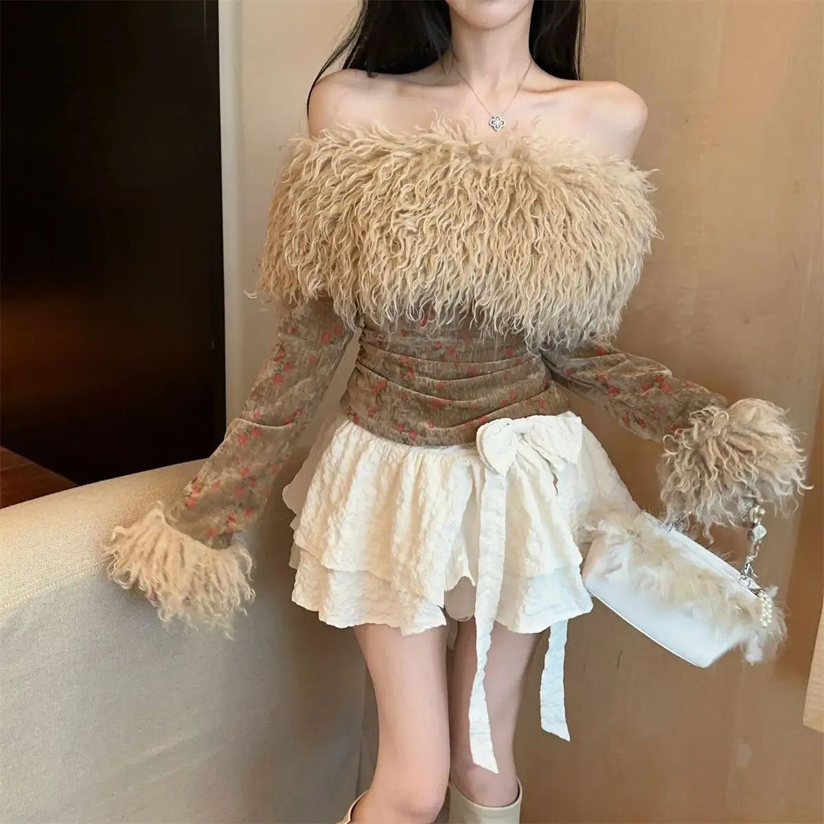 

Onalippa One Shoulder Tassel Hairy Collar Floral and Velvet Top Bow Cake Skirt Women 2026 Autumn Winter New Set
